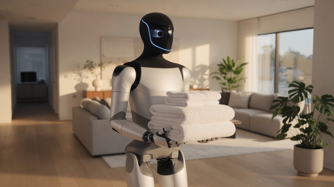 Optimus Gen 2.5 robot butler, three-quarter portrait