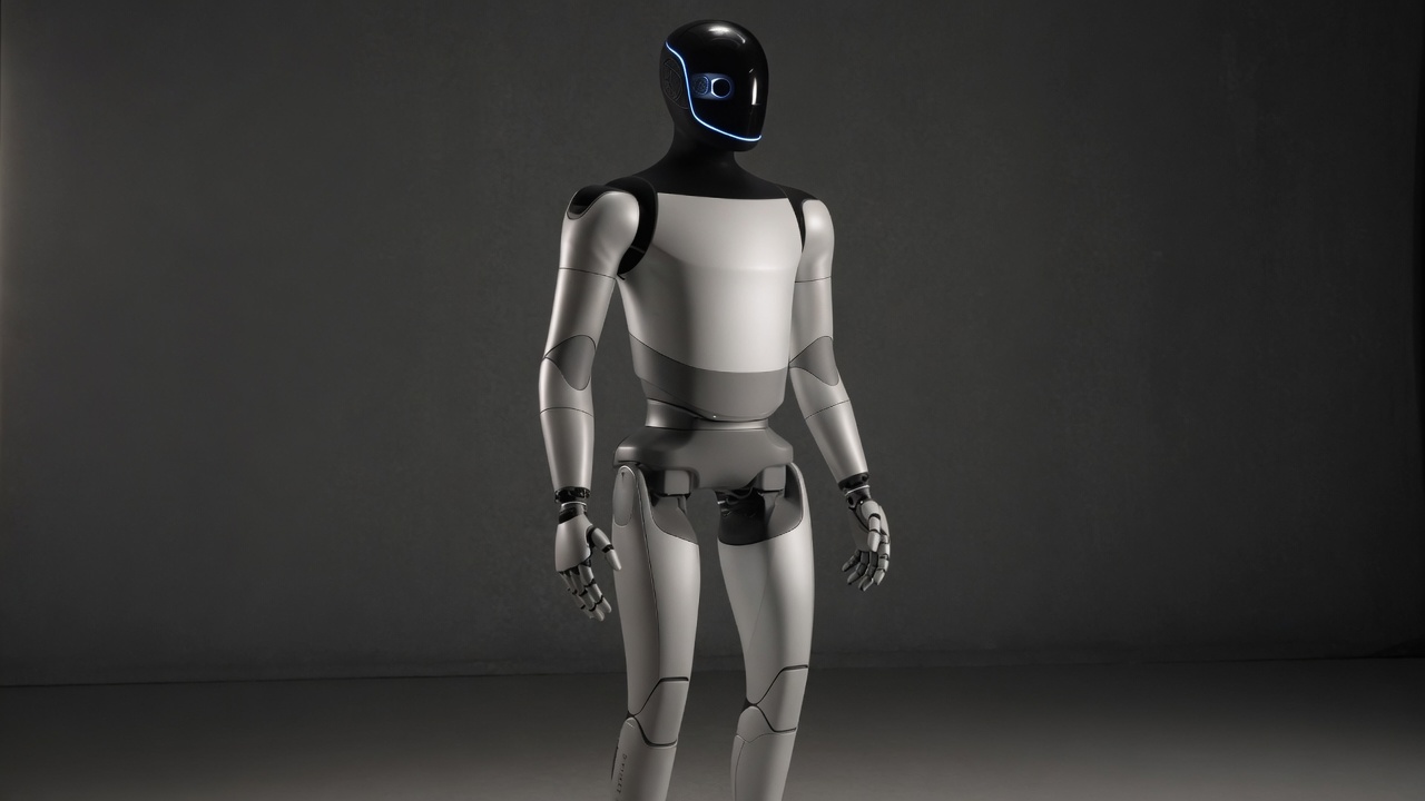 Tesla Optimus Gen 2.5 humanoid robot — full body studio portrait