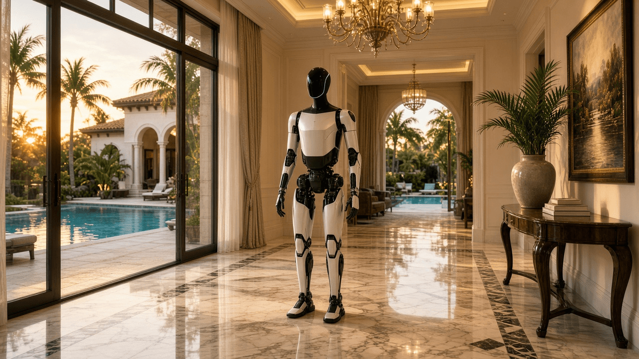Humanoid robot in white and black standing calmly in soft studio light, representative Optimus Gen 2.5 prior-generation reference